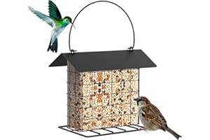 LWINGFLYER Suet Ball Bird Feeder Outdoor Hanging Metal Wire Wild Bird Feeder Fat Ball Food Feeder with Metal Roof and Platform Outside Cake Suet Feeder Rainproof (Black)