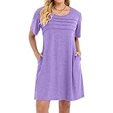 elescat Sundress for Women Casual Loose Summer Short Sleeve Pleated Front Crew Neck T Shirt Dress with Pockets
