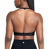 QUEENIEKE Halter Neck Sports Bra for Women, Yoga Crop Top with Removable Pads, Open Back V Neck Bra Light Support