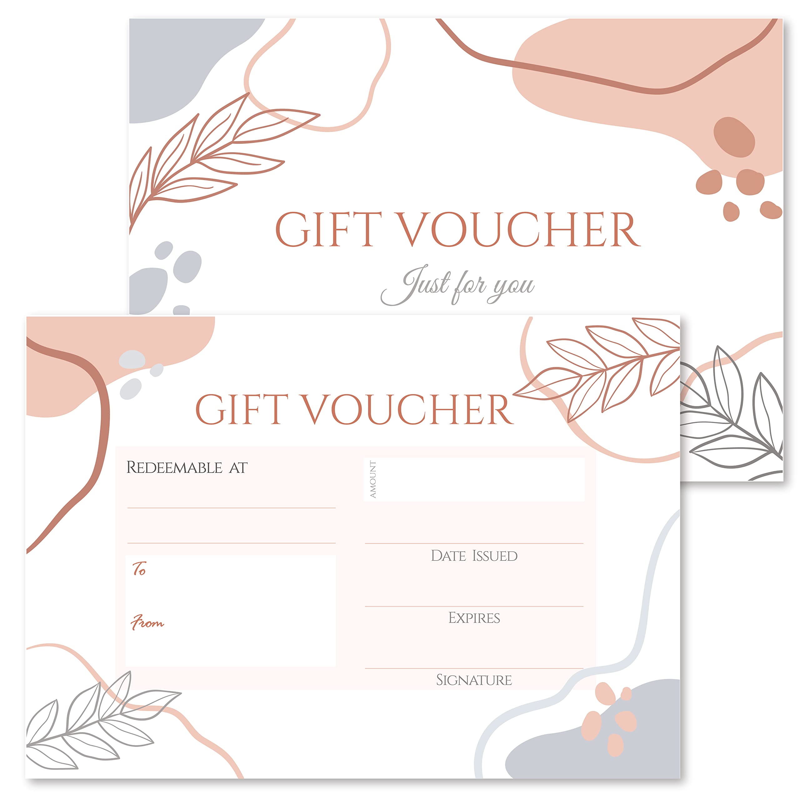 50 x Blank Rose Gold Gift Vouchers - Double Sided Abstract Leaf Design Tokens (No Envelopes) Salon, Beauty, Hair, Massage, Lashes, Nails