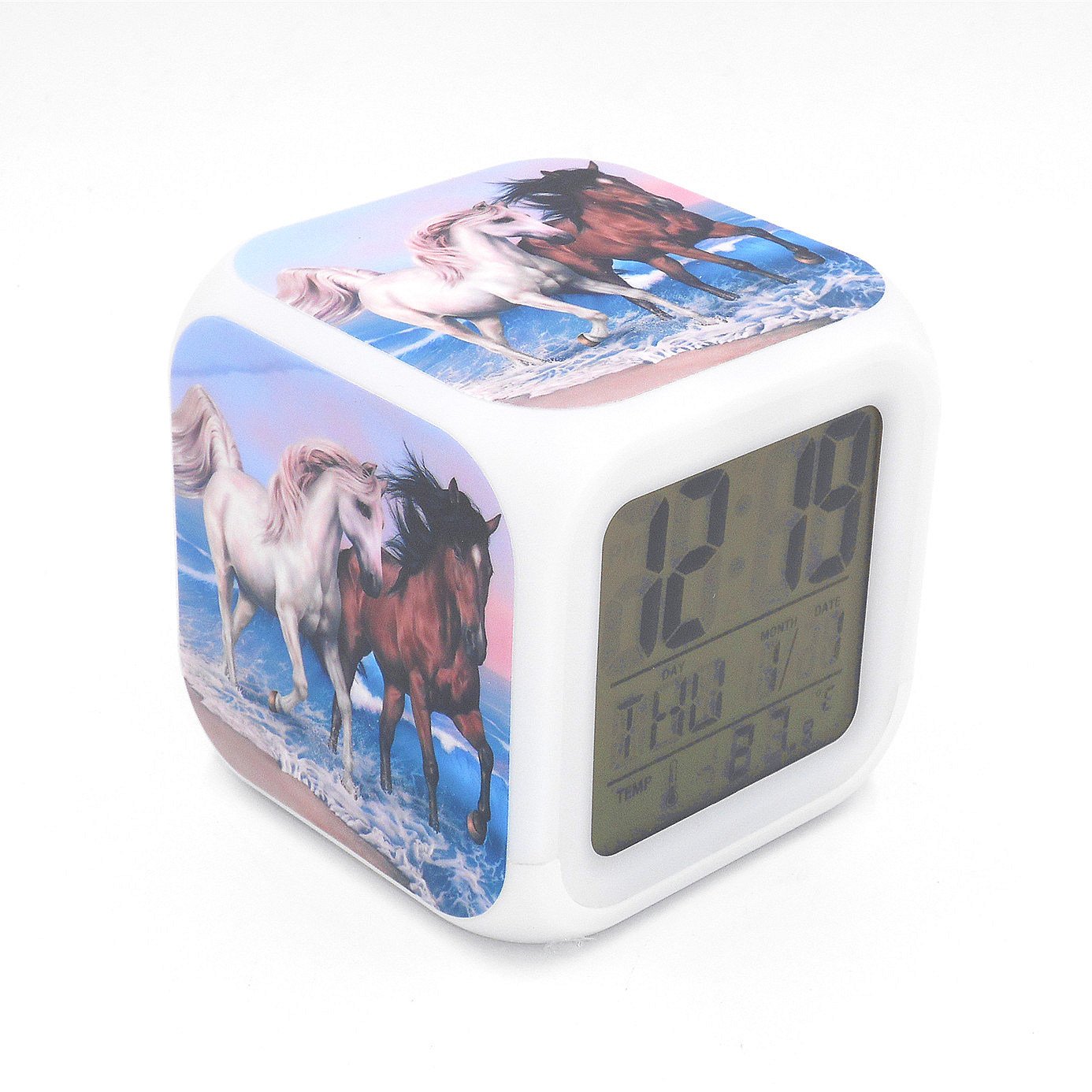 EGS New White Brown Horse Animal Digital Alarm Clock Desk Table Led