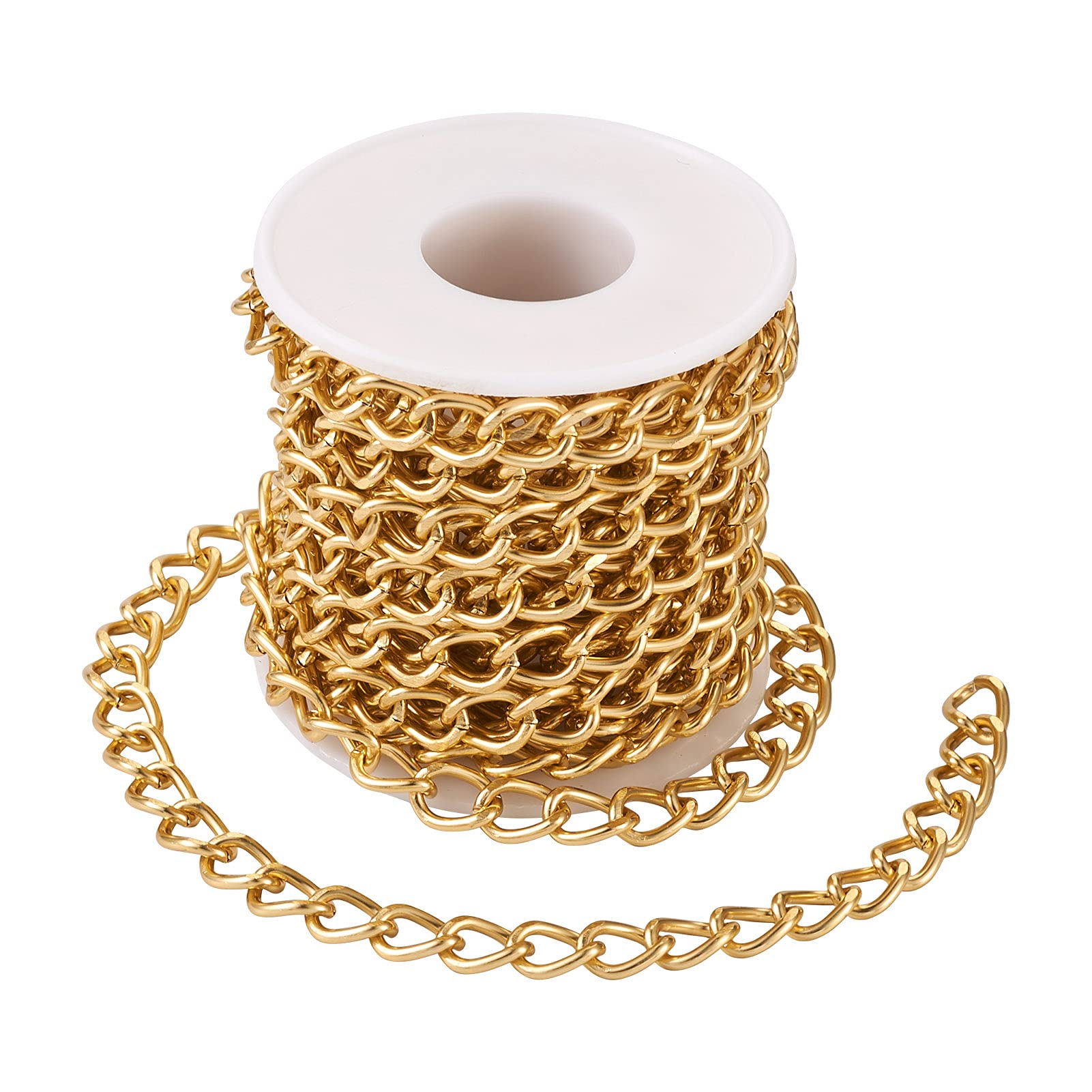 Beadthoven 16.4Ft Aluminium Curb Chains 11.5x8mm Twisted Metal Bracelets Necklaces Link Chains with Spool Round Curb Chain for Jewelry Making, Golden