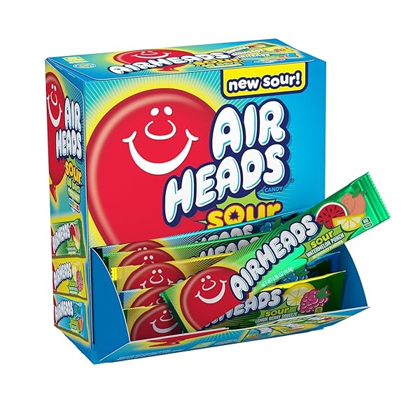 AIRHEADS SOUR FULL-SIZE CANDY BARS, TAFFY VARIETY BULK BOX, INDIVIDUALLY WRAPPED CANDY, THREE ASSORTED FLAVORS, 60 COUNT BOX