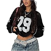 Verdusa Women's Y2k Tops Jersey Shirts Oversized Crochet Graphic Going Out Tops V Neck Pullover Sweater Streetwear