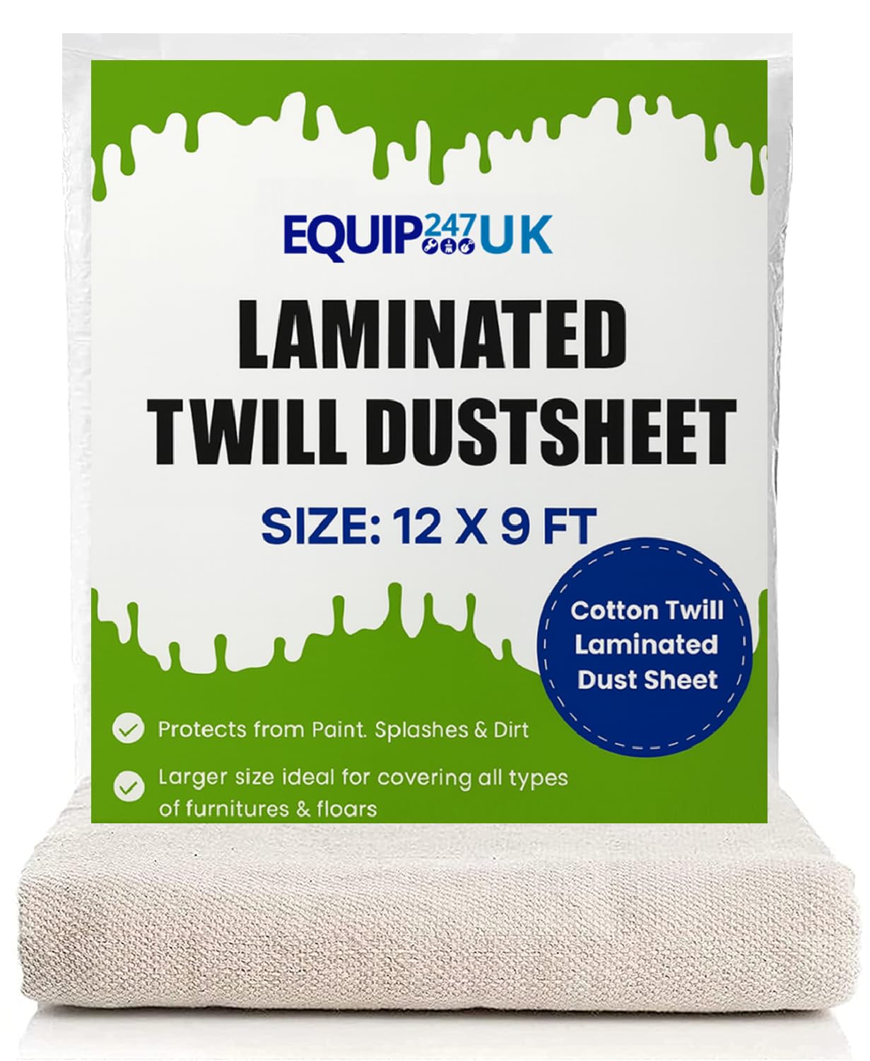 Plastic Backed, Polythene Poly Backed, Laminated Cotton Dust Sheets for Painting & Decorating | Cover Sheets for Furniture | (EcoPoly Backed, 12ft x 9ft - 3.50m x 2.60m) (1xEL129) (2)