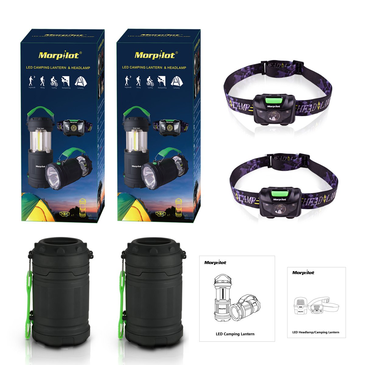 Combo: 2 Pack Morpilot Camping Lantern Outdoor Portable LED with Flashlight 7 Modes & LED Headlamp 5 Modes with Red Strobe.