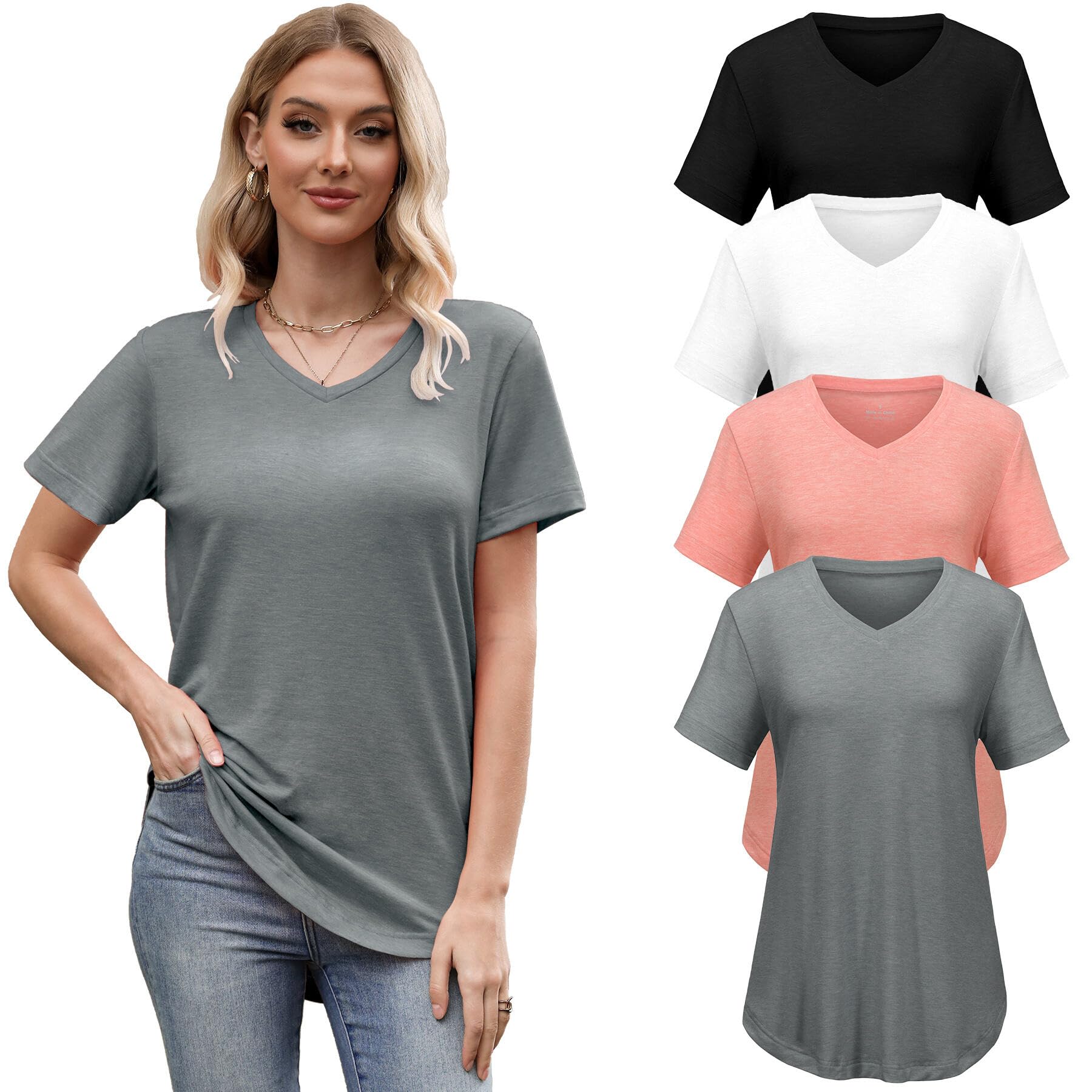 Photo 1 of VILIGO 4 Pack Womens Tops Basic Summer V Neck T Shirts Plus Size Short Sleeve Tshirts Shirts Dressy Casual Loose Fit Tee Tops, Grey/Black/White/Coral XL
