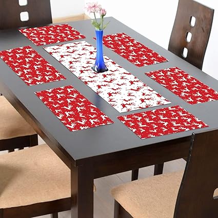 YaYa Cafe Christmas Decorations Table Runner Cloth Cover Reindeer Xmas Table Mats - 1 Runner 6 Mats