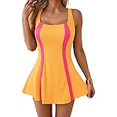 Aidonger One Piece Swimdress Tummy Control Swimsuit for Women Color Block Bathing Suit Skirt Modest Swim Dress