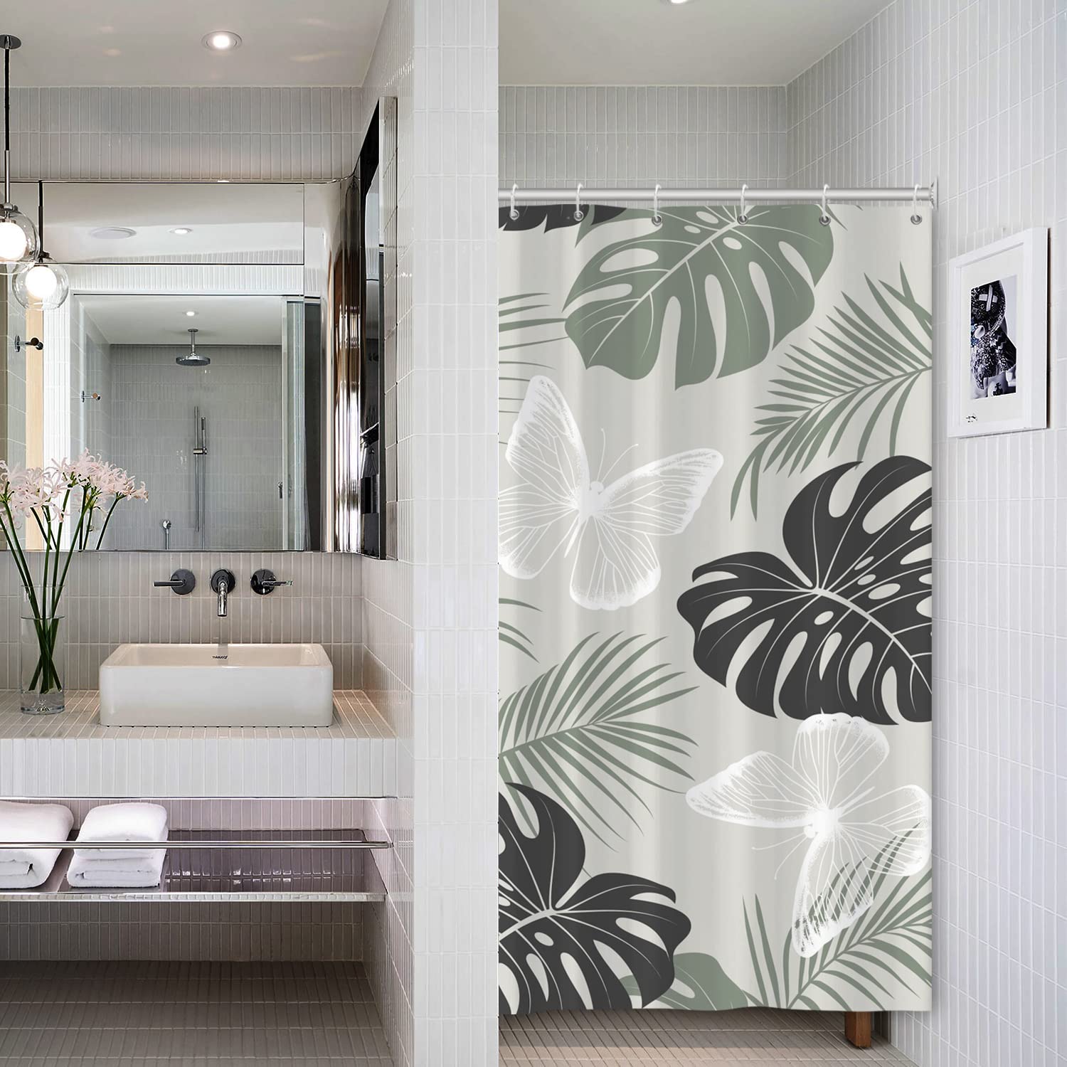 Stall Small Shower Curtain Tropical Palm Tree Monstera Leaf White Butterflies Decorative Bath Curtains Waterproof Botanical Printed Bathroom Accessory Set with Hooks 92 x 183 cm