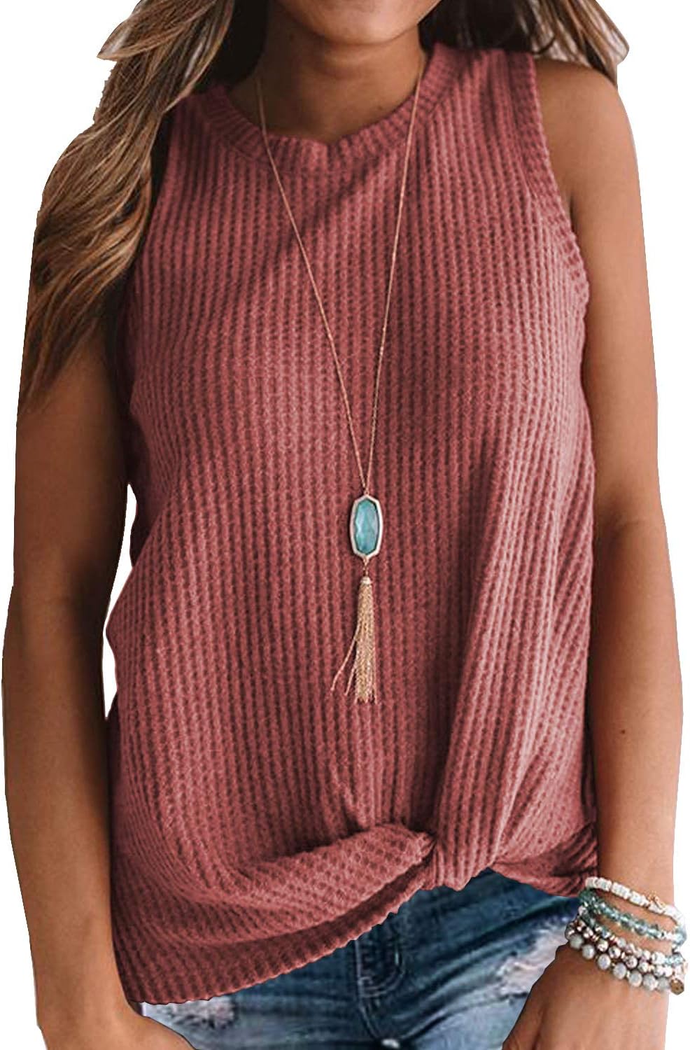 MIHOLLWomens Casual Tops Sleeveless Cute Twist Knot Waffle Knit Shirts Tank Tops