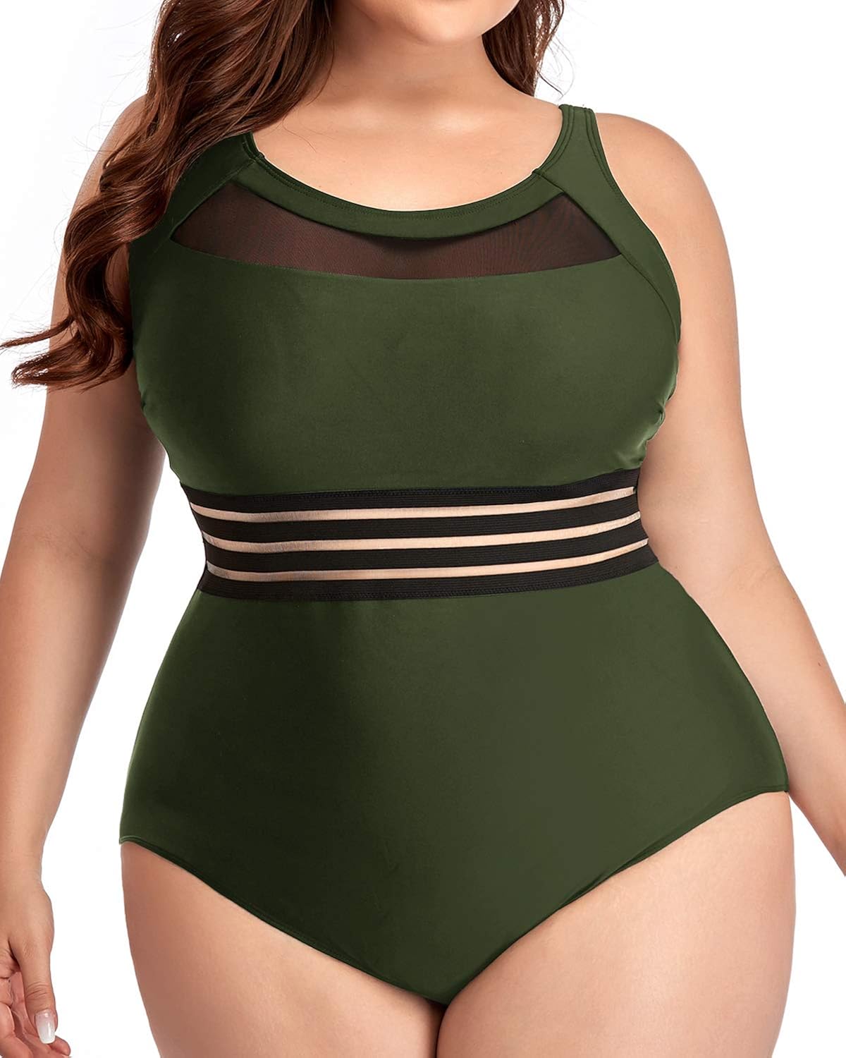 Daci Women Green One Piece Swimsuits Plus Size Mesh High Neck Vintage