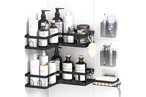 Gabeeriso Shower Caddy Corner, 2 Pack Bathroom Shelves with 12 Hooks, Black Rust-Resistant Adhesive Shower Shelf No Drilling 