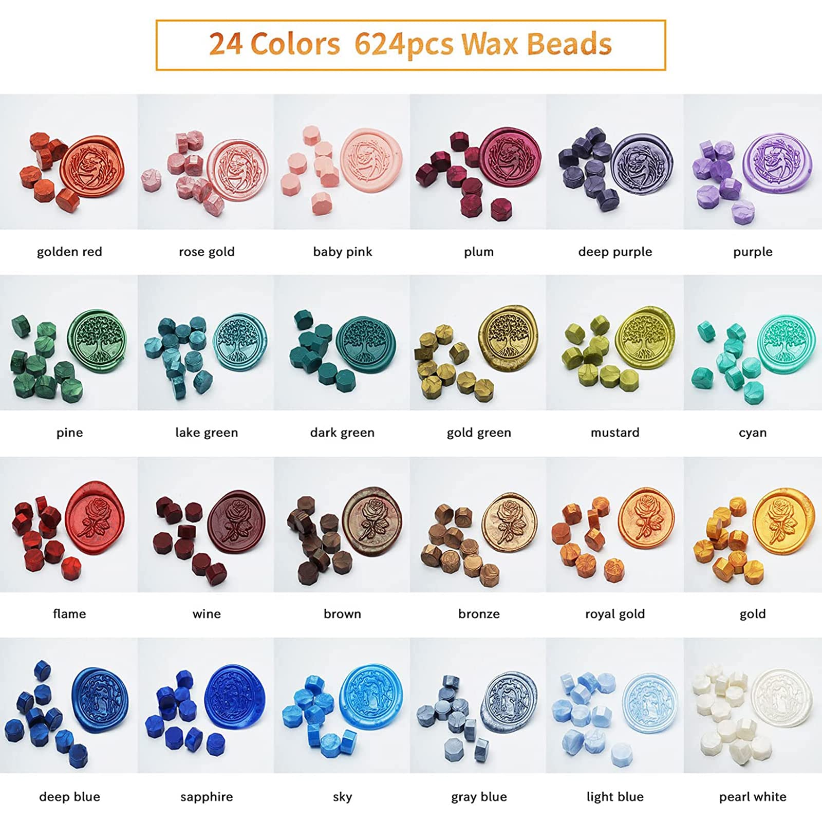 Comealltime Wax Seal Kit with Gift Box, 624 Pcs 24 Colors Sealing Beads, 2 Pcs Stamps, Sealing Wax Warmer, Metallic Pen, Envelope, Candles for Wedding Birthday Gift and DIY Craft, Sellado de Cera