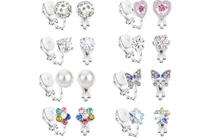 Yowivon Clip on Earrings for Girls Women Silver Non Pierced Cubic Zirconia Cute Earrings Heart Star Butterfly Flower Pearl Ball Colorful Hypoallergenic Stud Earring Set for Teen