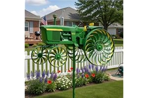 Garden Wind Spinner, Green Tractor Windmill Stake with Rotating Wheels for Patio Yard Garden, Unique Outdoor Sculptures Ornam