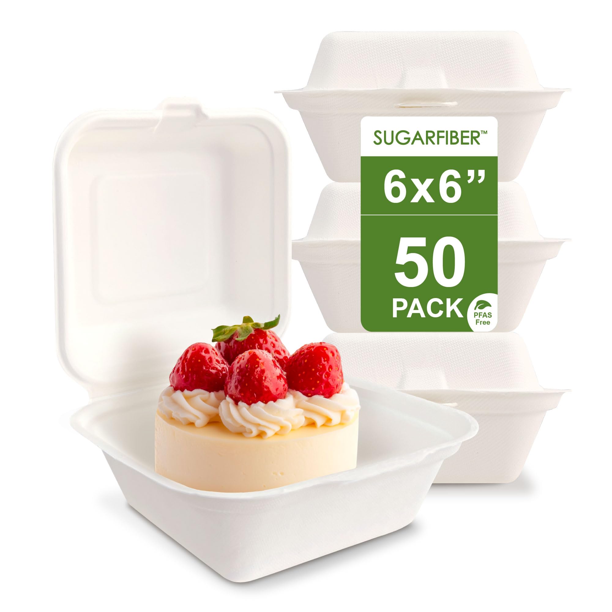 Photo 1 of [50 COUNT]Harvest Pack 6 X 6 inch White Compostable Food Hinged Container, Disposable Square Single Compartment Clamshell Takeout to go Box, Eco-Friendly Bagasse Sugarcane, No PFAS Added, New Version
