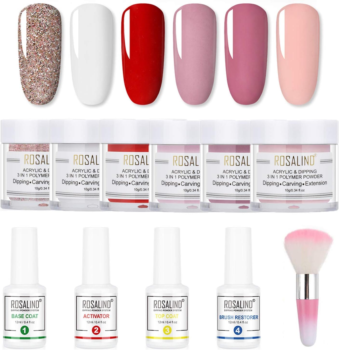 ROSALIND Nail Dip Powder 3 in 1 Powder Starter Kits 6 Colors Acrylic Nails Powders French Nail Manicure Without UV Lamp Cured Art Design 10g(01)