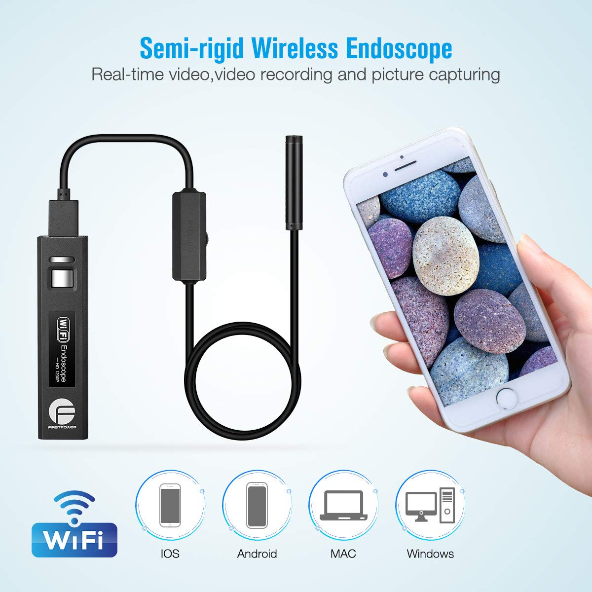 FirstPower 1200P Wireless Endoscope Semi-rigid 2.0 MP HD USB WiFi Boresccop Inspection Camera with 8 LED IP68 Waterproof Flexible Snake Camera (33FT) for Android IOS Phone Windows Tablet