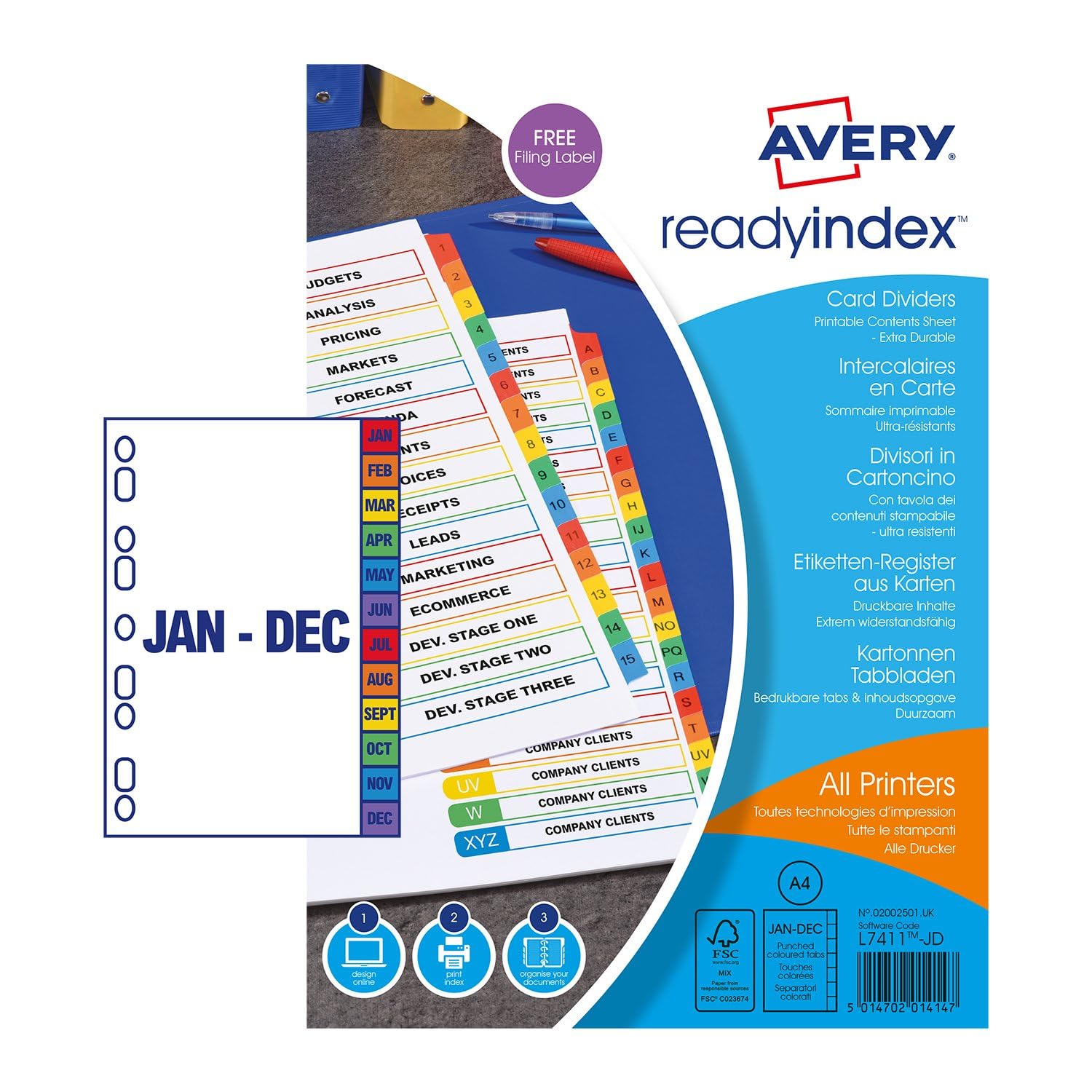 Avery 02002501 200 GSM A4 Pre-Printed Dividers, Multicoloured tabs Jan - Dec