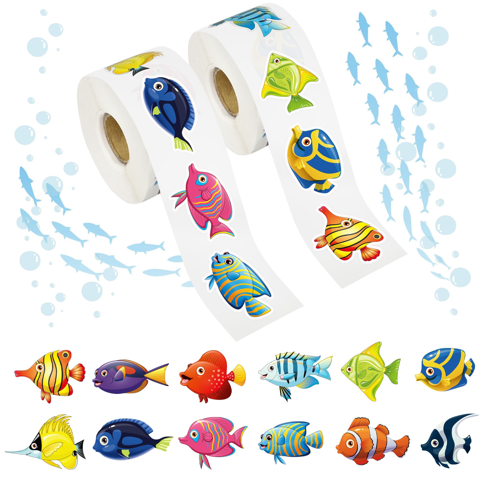 Photo 1 of 1200 Pcs Tropical Fish Stickers Roll 12 Styles Sea Animals Stickers 1.5 Inch Cartoon Ocean Life Labels Ocean Creature Sticker for School Teacher Rewards Under The Sea Theme Party