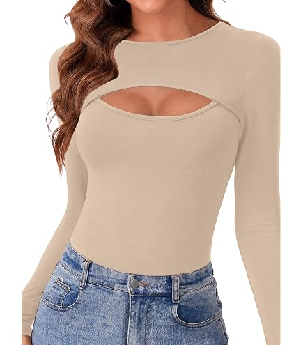 Women Cutout Mock Neck Tops Sexy Slim Fit Long Sleeve Basic Knit