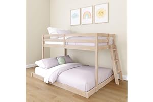 Grain & Grove Bear Twin Over Full Bunk Bed, Low Bunk Bed Frame for Kids, Bunk with Ladder, Guardrail and Slats, No Box Spring Required, Oak Embossed Natural