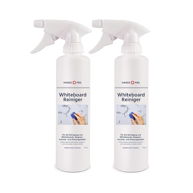 Hansepro Whiteboard-Reiniger, 2 x 500 ml I Cleaner I Löscher I Reinigungs-Spray I Tafel-Reiniger I Zubehör I mit praktischem 