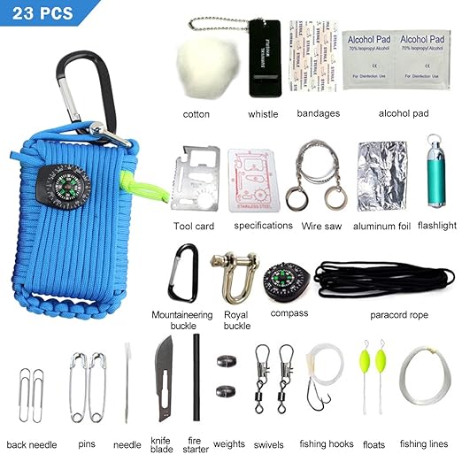 LOTRIP Paracord Survival Kit mit 23 Zubehör Multifunktionaler Paracord Seil Multi-Funktions Outdoor Survival Kit, Überlebenss