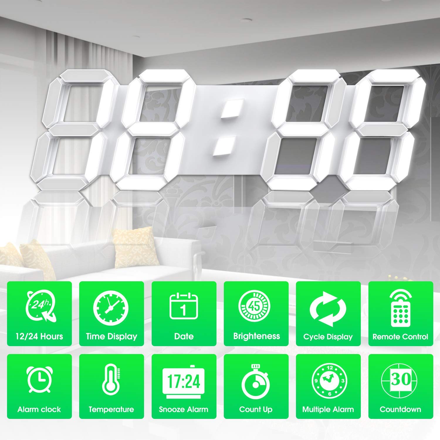 3D LED Digital Wall Clock 15 Inch with Remote Control Large Timer Nightlight Brightness Adjustable for Office Home Hotel Big Room