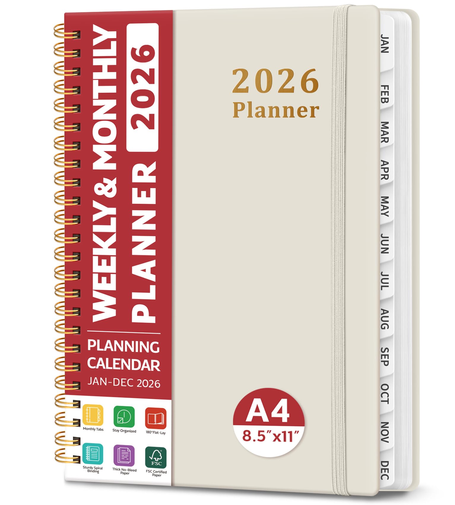 2026 Planner, Weekly and Monthly Calendar Planner, January 2026 - December 2026, Hardcover 2026 Calendar Book with Tabs For Women & Men, Inner Pocket, Spiral Bound, Perfect for Office Home School Supplies - A4 (8.5" x 11"), Gray