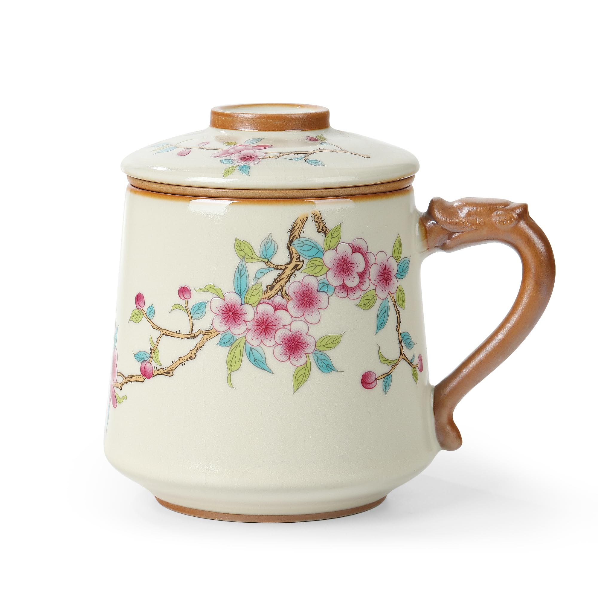 fanquare Ceramic Tea Cup with Infuser and Lid, Beige Flower Chinese Tea Mugs, Large Tea Steeping Mug for Home Travel 450ml