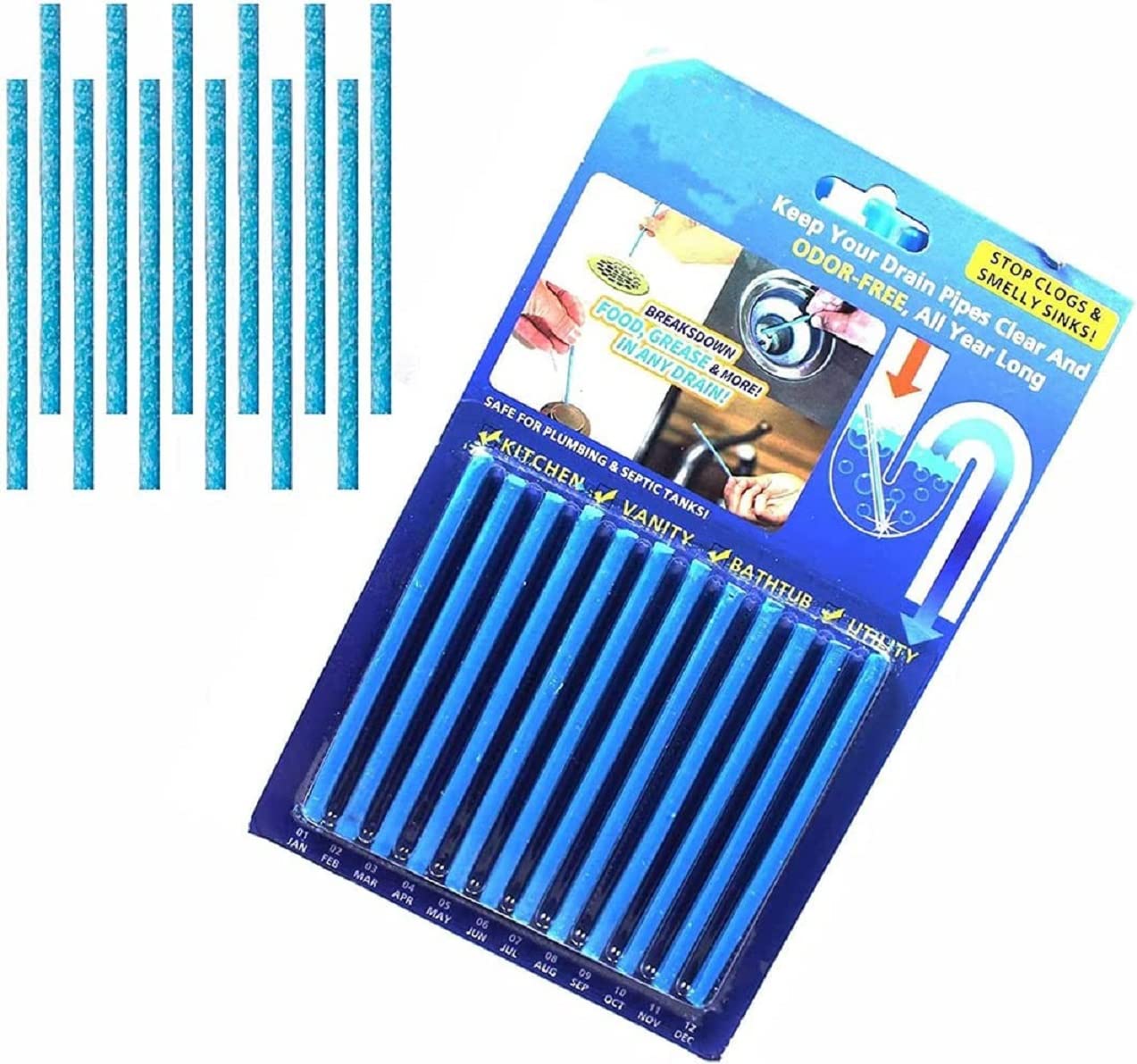 12 Drain Sticks Prevent Germs & Odour Clean Sink Plug Bathroom Pipe Cleaning