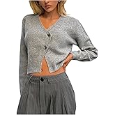 Floerns Women's Wrap V Neck Button Front Cardigans Long Sleeve Cropped Sweater Outwear