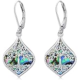 KiiKii Abalone Earrings 925 Sterling Silver Tree of Life/Lotus/Sunflower Dangle Leverback Earrings Abalone Shell Jewelry Gifts for Women