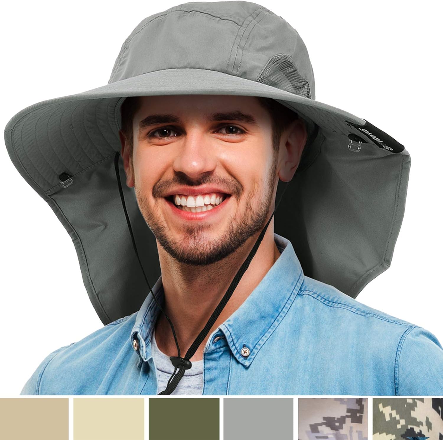 Mens Wide Brim Sun Hat with Neck Flap Fishing Safari Cap for Outdoor Hiking Camping Gardening Lawn Field Work, Grey: Clothing