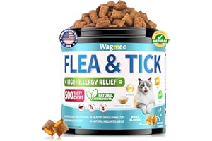 WAGMEE Natural Cat Flea Treatment Chewables – 500 Crunchy & Creamy Tasty Chews, Flea and Tick Prevention for Cats with Skin & Coat Support, Oral Flea & Tick Supplement & Allergy Relief for Cats, Chicken