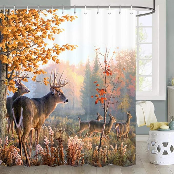 69x70in Dynh Elk Shower Curtain Animals Theme Fabric Bathroom Decor Accessories Deer Safair In Stream River At Forest Sunset Shower Curtain Bath Curtains 12 Pcs Hooks Shower Curtains Hooks Liners Bath
