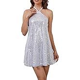 hibshaby Women's Glitter Sequin Dress Halter Neck Party Cocktail Sparkly Mini Dress Clubwear