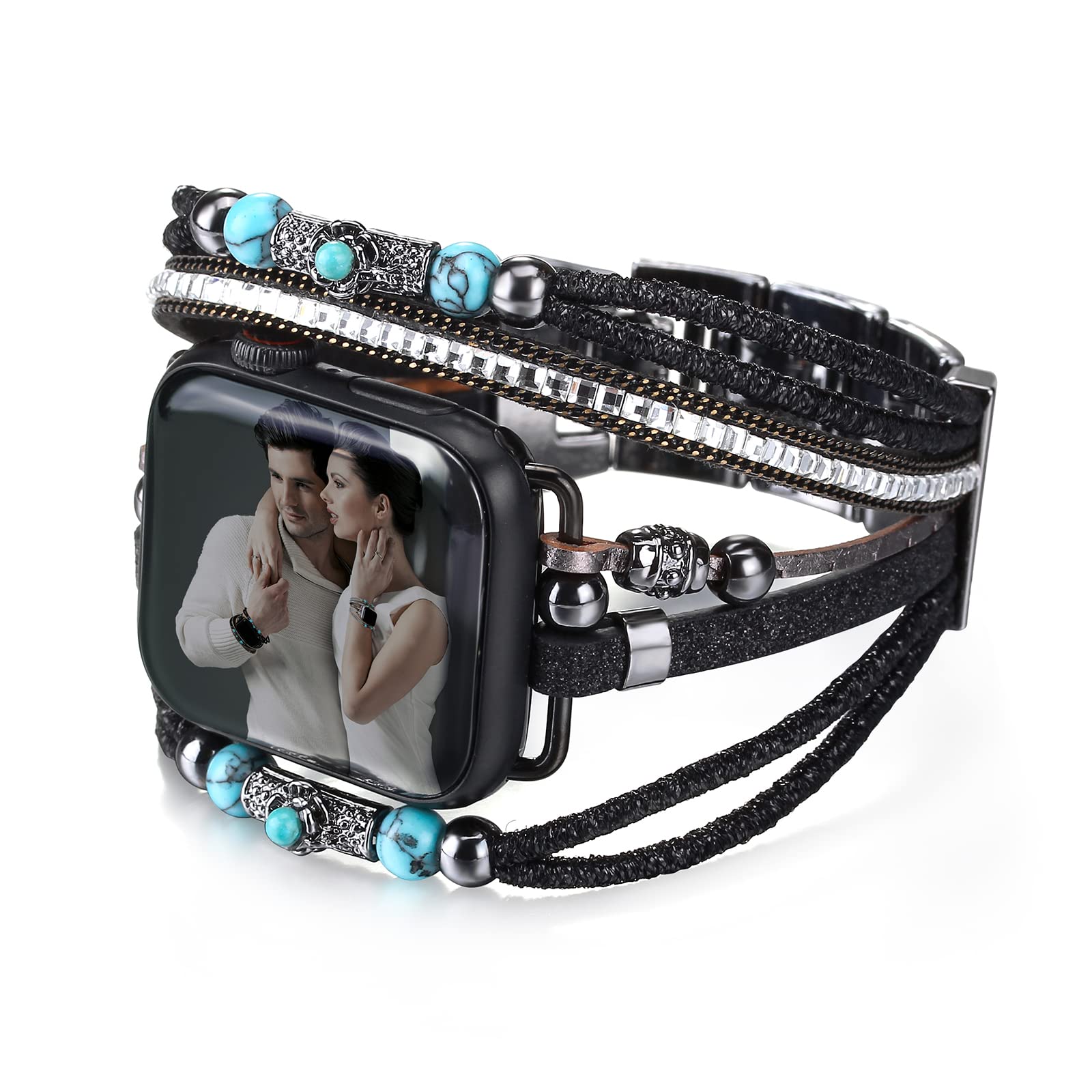 CHARMINGO Boho Leather Bracelet Compatible with Apple Watch Bands for Women Men 38/40/41/42/44/45/46/49 mm, Multilayer Wrap Dressy Strap for iWatch Band Series 11 10 9 8 7 6 5 4 3 2 1 SE 3 Ultra 2 3