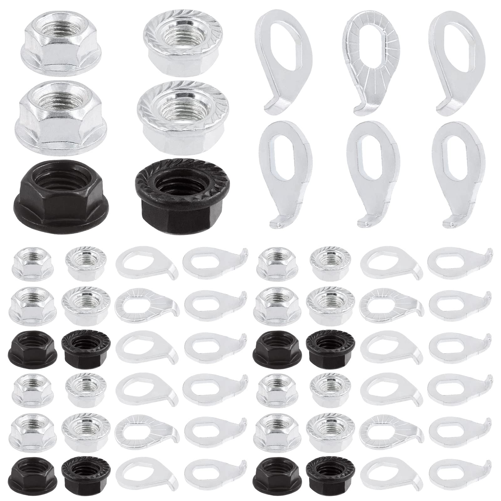 Keadic 60Pcs 3 Size Bicycle Wheel Axle Nut and Safety Washer Kit, Hub Flanged Axle Nut Hardware Parts and Wheel Retaining Hooks Repair Set for Mountain Road Folding Bike Front and Rear Wheel