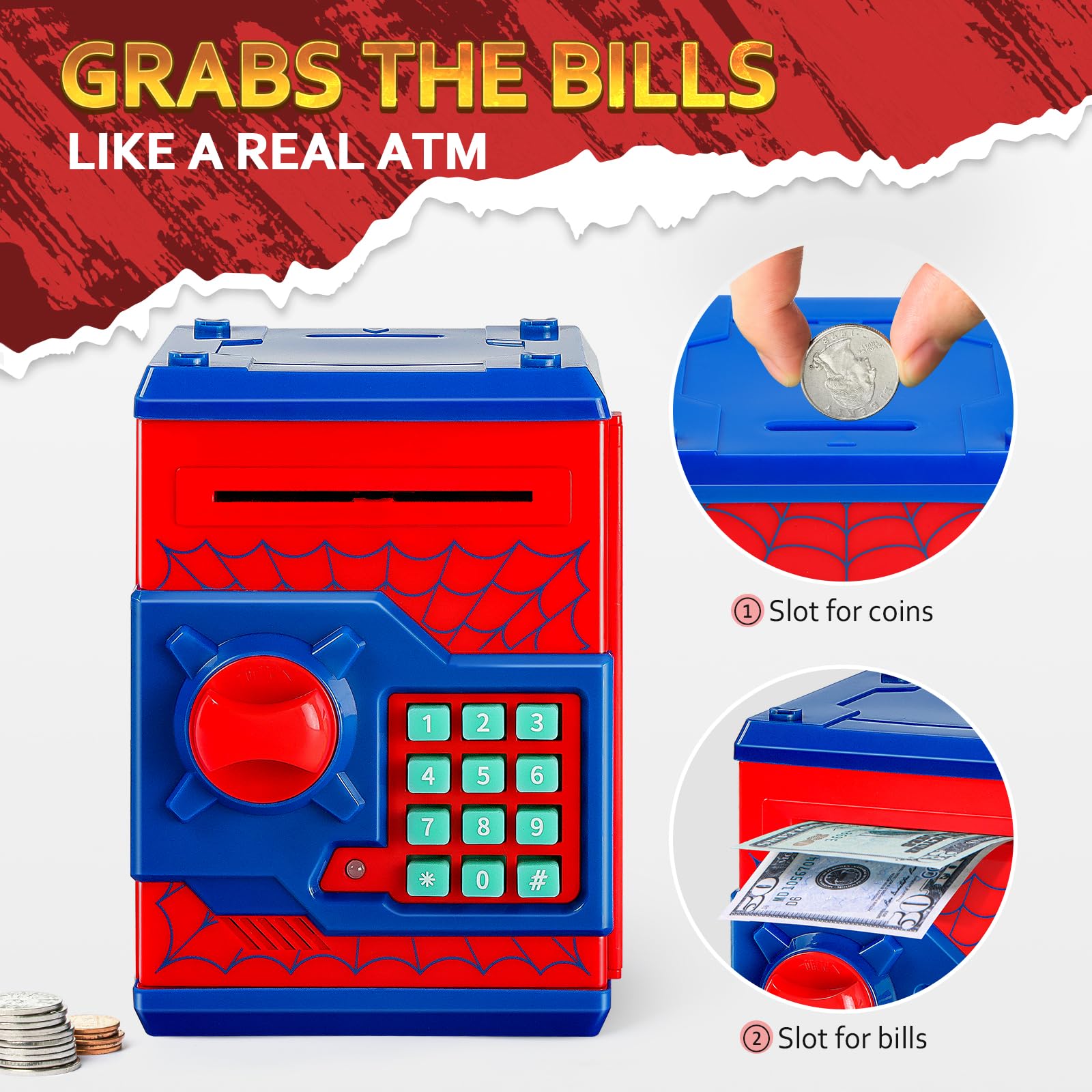 ATM Piggy Bank for Boys Girls, Vcertcpl Mini ATM Coin Bank Money Saving Box with Password, Kids Safe Money Jar for Adults with Auto Grab Bill Slot, Great Gift Toy Bank for Kids S Red
