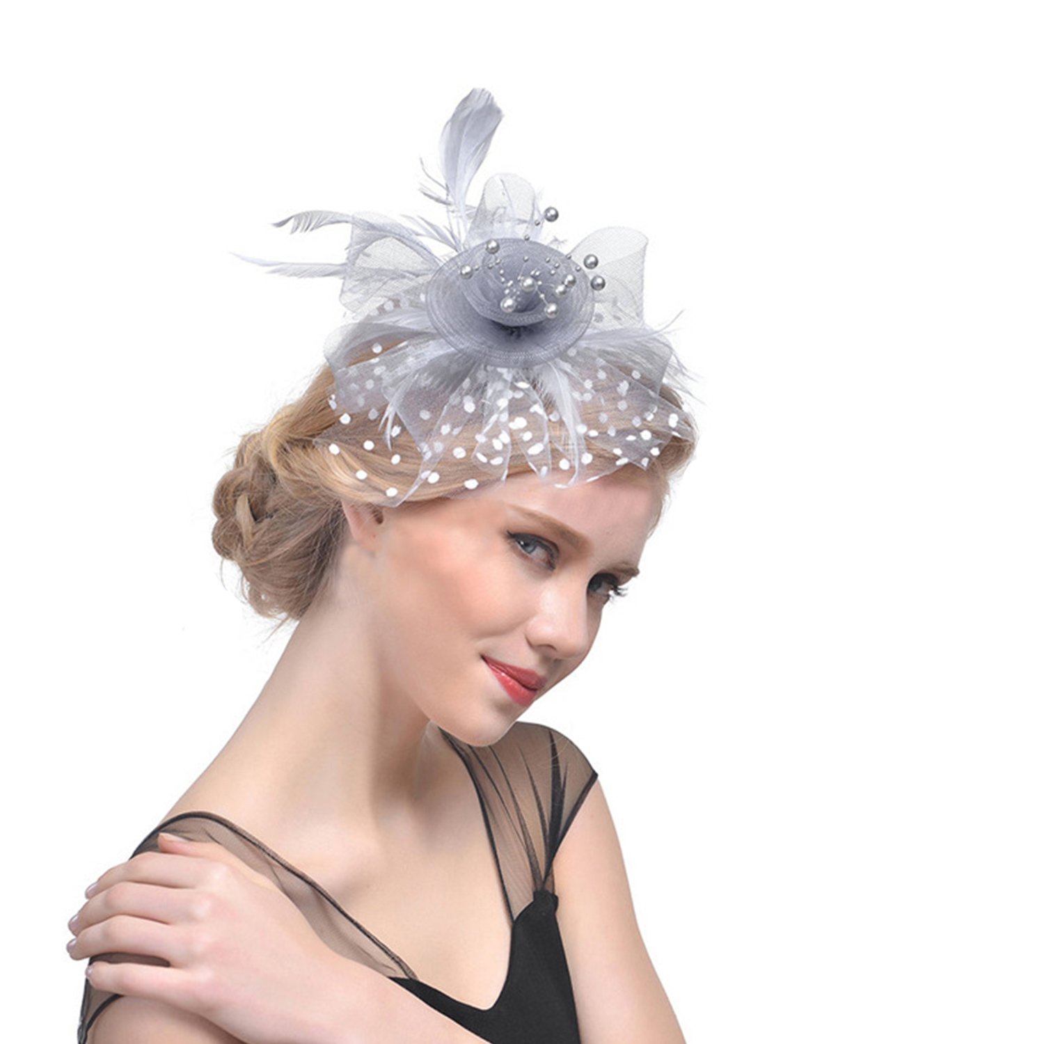 Womens Beaded Mesh Fascinator Clip, Bridal Wedding Veil Lace Headpiece, Elegant Ascot Race Cocktail Tea Evening Party Fascinators Hat for Women, Fancy Dress Headwear Flower Headdress