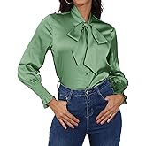 Satin Blouses for Women Dressy Smocked Long Sleeve Bow Tie Neck Shirts Casual Work Tops
