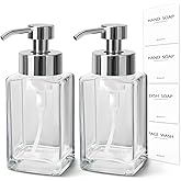 ALPIRIRAL Foaming Soap Dispenser, 12oz/350ml Glass Hand Soap Dispenser Set, Refillable Foam Dispenser with Foaming Pump, Labels, Square Hand Dispenser for Bathroom, Kitchen 2 Pack
