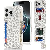 Cavor for iPhone 16 Pro Case with Card Holder,for iPhone 16 Pro Wallet Case for Women,Leather Zipper Pocket Shockproof Phone Cover-Leopard White