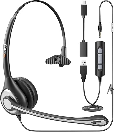 Wantek USB Wired Headset One-Ear Noise Cancellation Mic with 3.5mm Jack
