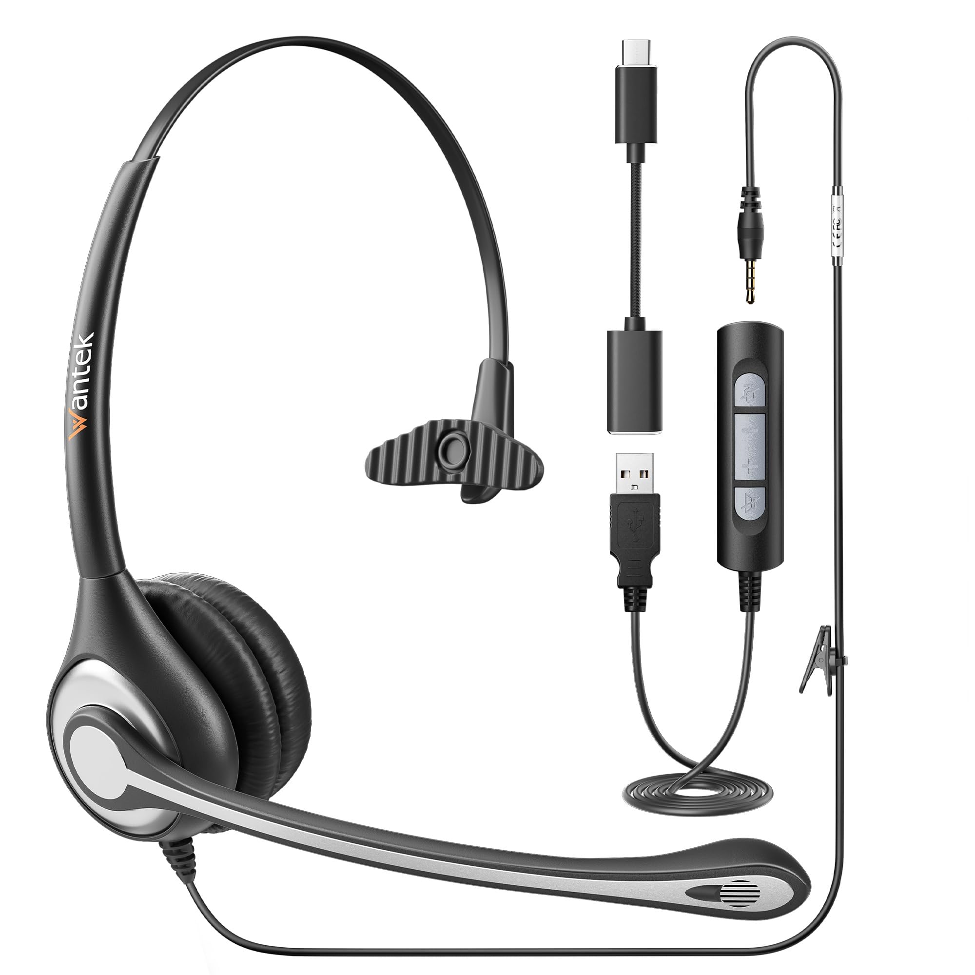 Wantek USB Wired Headset with One-Ear Noise Cancellation Headphone and One Microphone - Connect to PC Mac via USB or Other Devices with 3.5 MM Jack