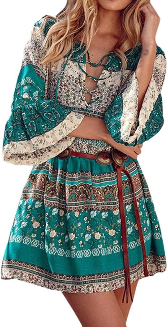 Binggong Kleid Damen, Frauen Blumendruck DREI Viertel Lose Ärmel Boho