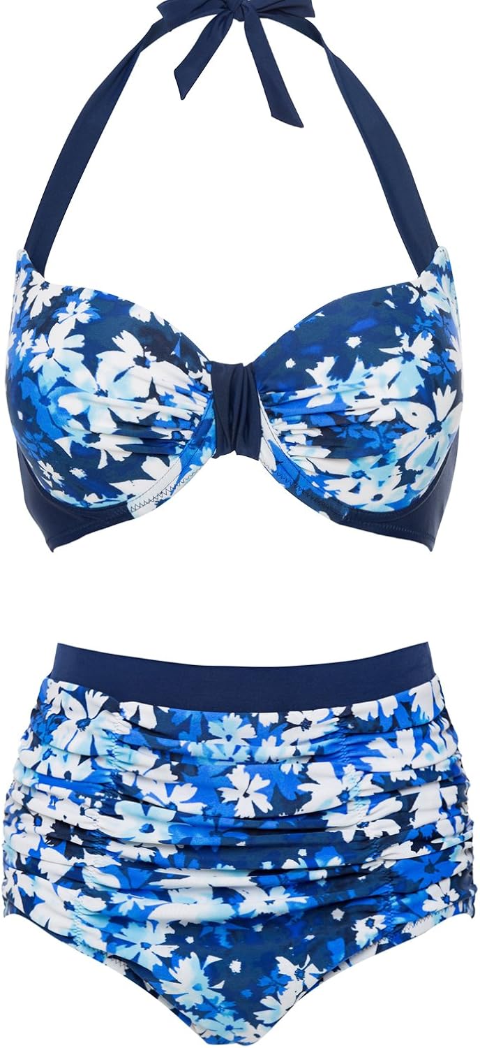 CharmLeaks Women Retro Halter Ruched Underwired Bikini Swimwear Floral